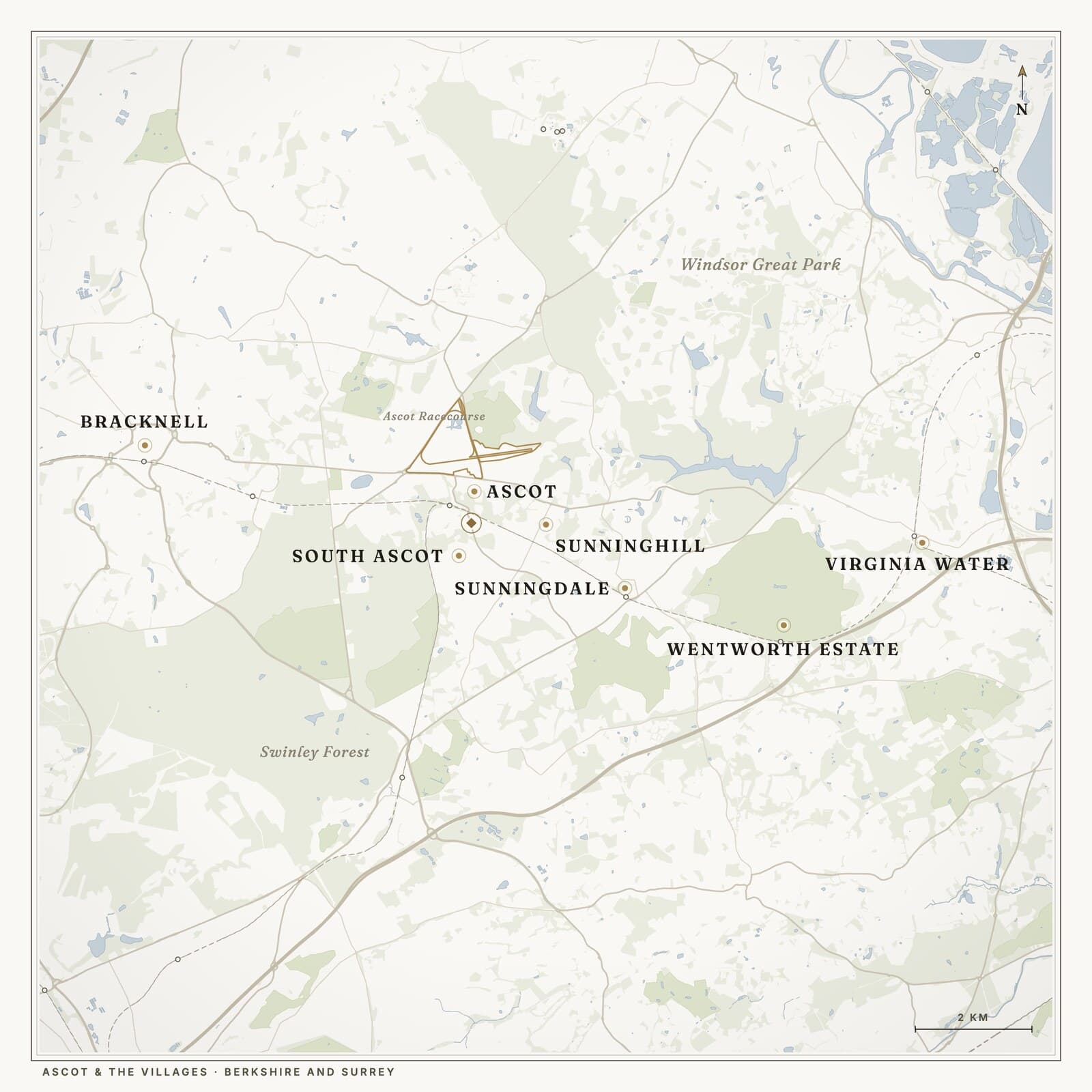 A stylised map of Ascot, South Ascot, Sunninghill, Sunningdale, Virginia Water, the Wentworth Estate and Bracknell, marking the H Prestige Estates office in South Ascot